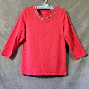 Alia 3/4 Sleeve Top with Silver Stud Neckline Embellishment Coral Size SP